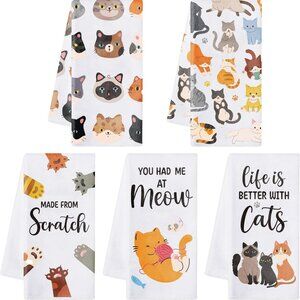 5 Kitchen Towels with Cats Dishtowels Tea Bar for Cat Lovers
